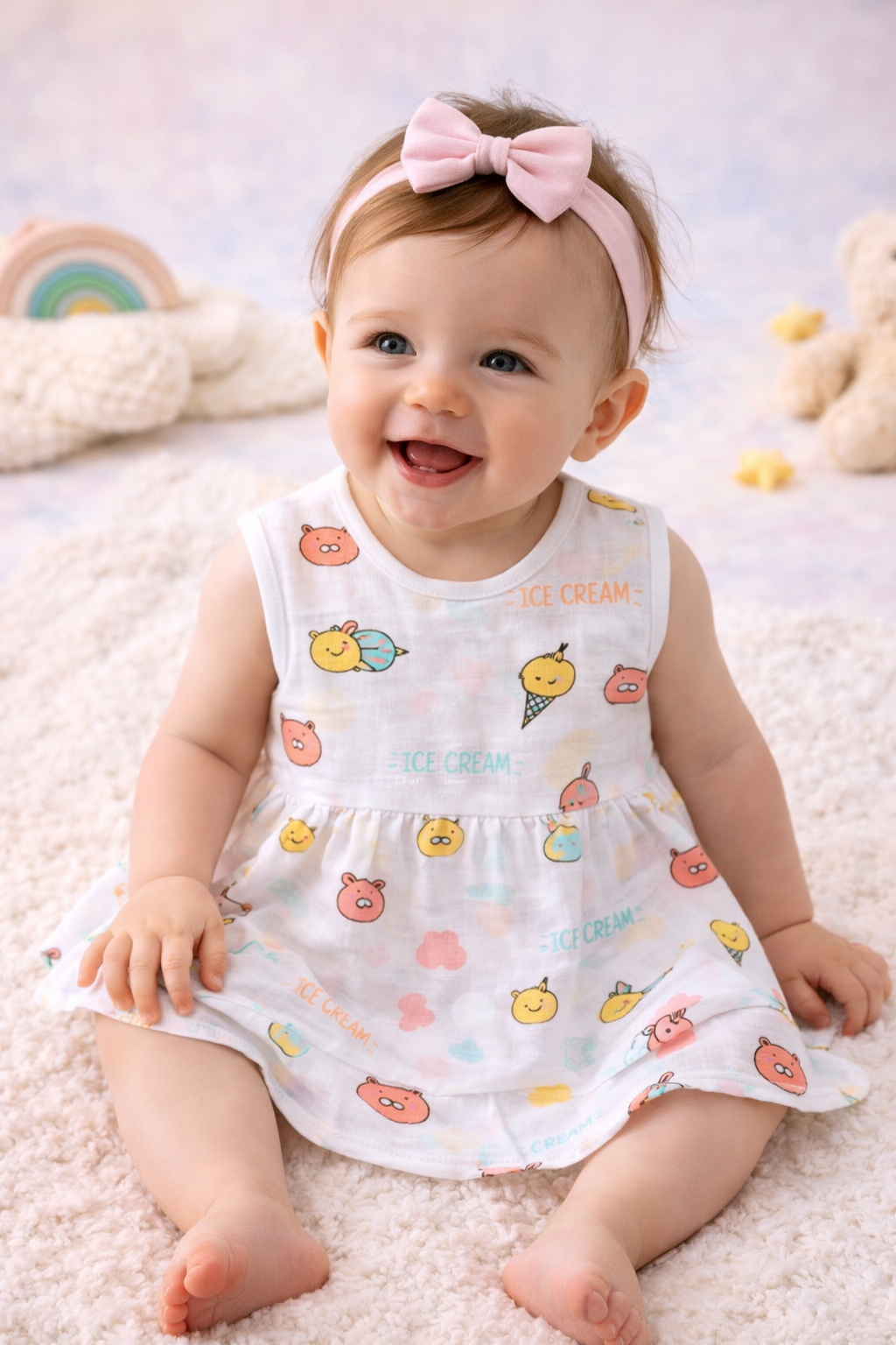 Pack of 3 - Baby Girl White Muslin Sleeveless Button Dress with Multi Print and Multi Colour - (3-6 Months)