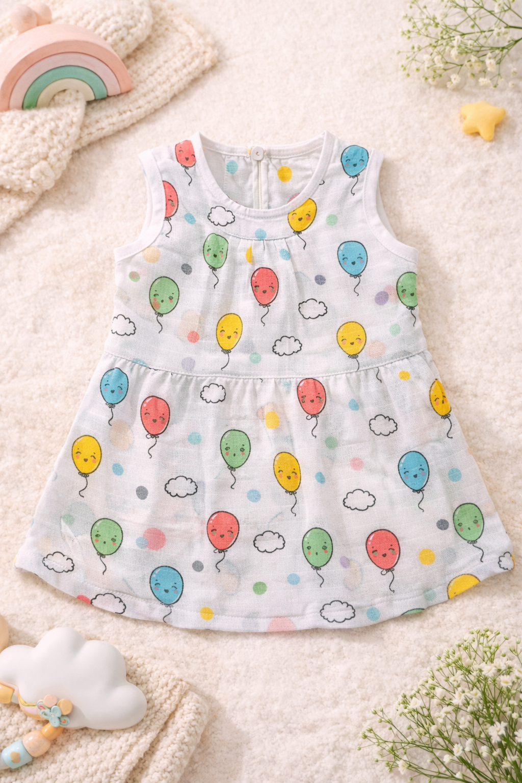 Pack of 2 - Baby Girl Muslin Cotton Sleeveless Zip Dress - Soft Breathable Summer Frock with Cute Prints for 9-12 Months Baby