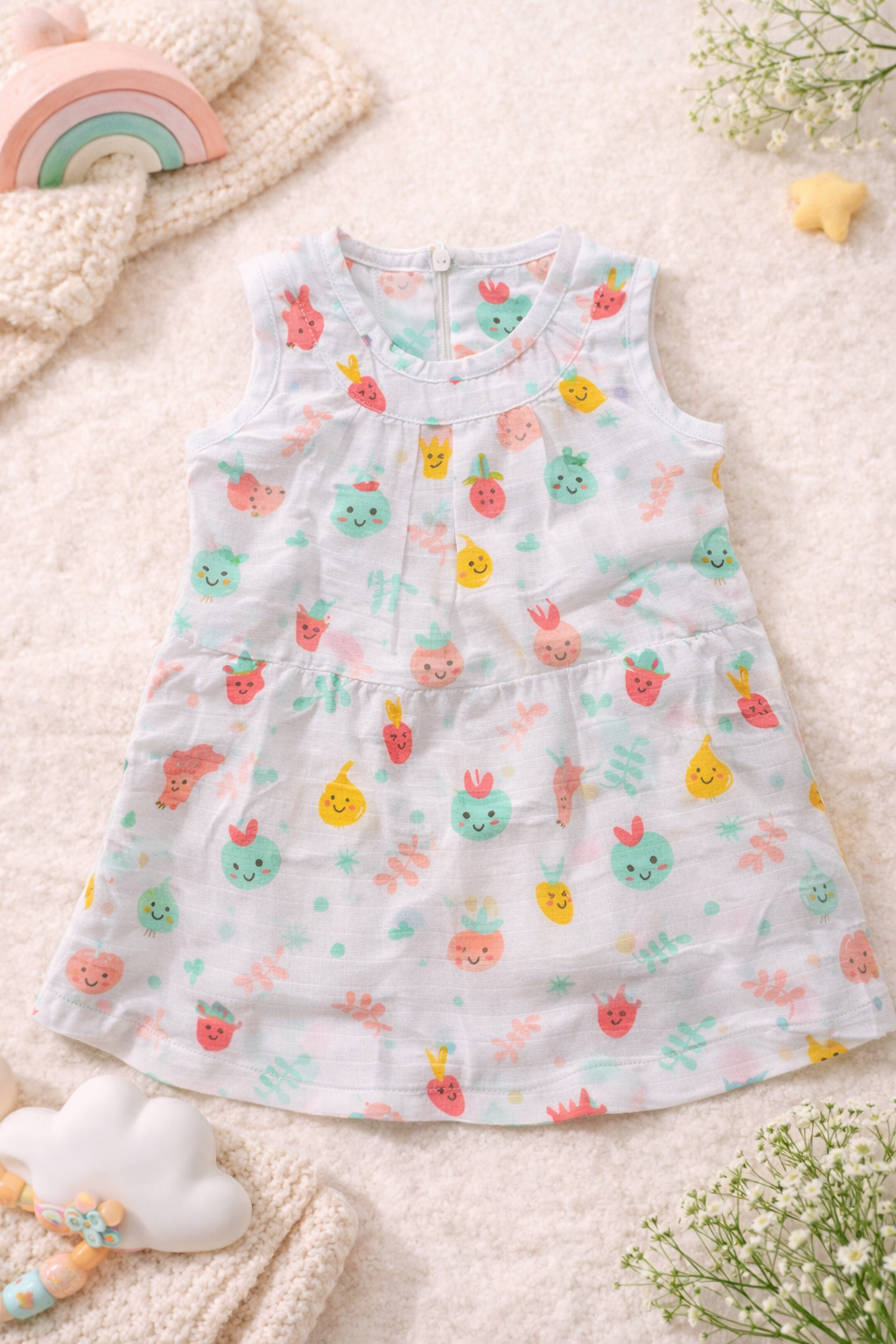 Pack of 3 - Baby Girl Muslin Cotton Sleeveless Zip Dress - Soft Breathable Summer Frock with Cute Prints for 9-12 Months Baby