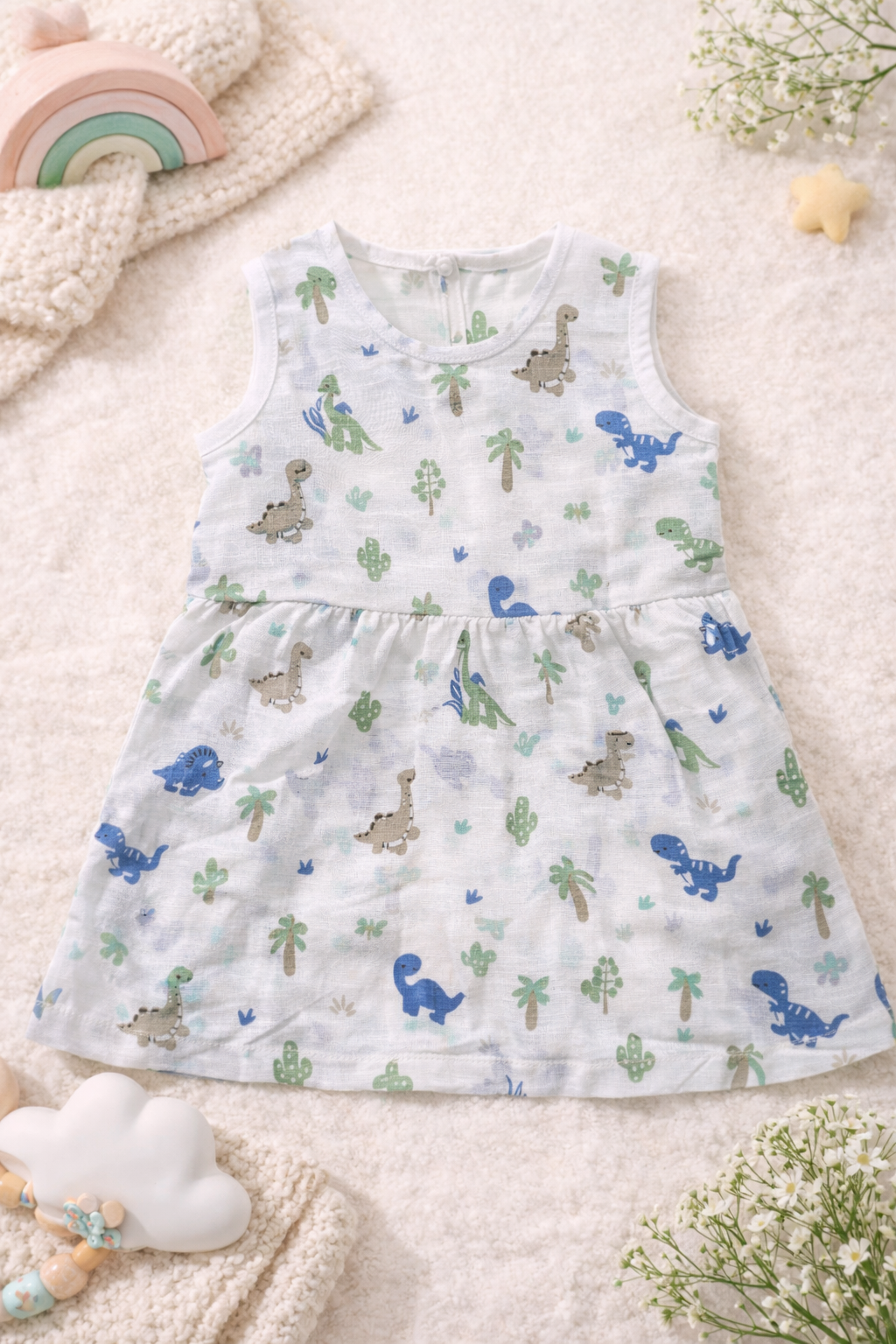 Pack of 3 - Baby Girl Muslin Cotton Sleeveless Zip Dress - Soft Breathable Summer Frock with Cute Prints for 9-12 Months Baby