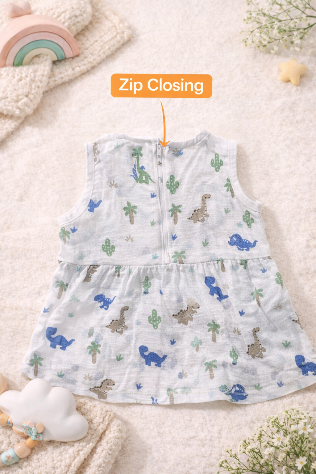 Pack of 3 - Baby Girl Muslin Cotton Sleeveless Zip Dress - Soft Breathable Summer Frock with Cute Prints for 9-12 Months Baby