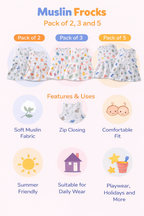 Pack of 3 - Baby Girl Muslin Cotton Sleeveless Zip Dress - Soft Breathable Summer Frock with Cute Prints for 9-12 Months Baby