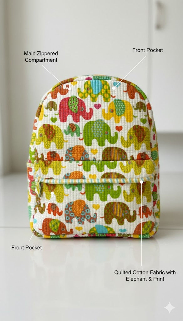 Handcrafted Soft Quilted Cotton Toddler Backpack Elephant Design – he_and_she_baby