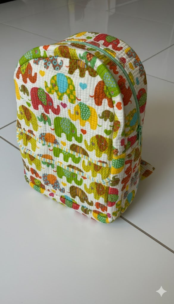Handcrafted Soft Quilted Cotton Toddler Backpack Elephant Design