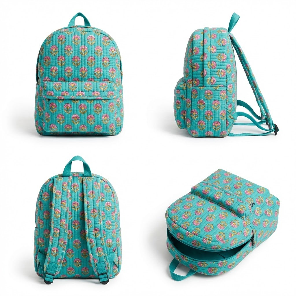 Handcrafted Soft Quilted Cotton Toddler Backpack Floral Print Design