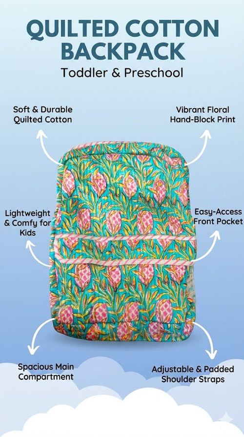 Handcrafted Soft Quilted Cotton Toddler Backpack Floral Print Design