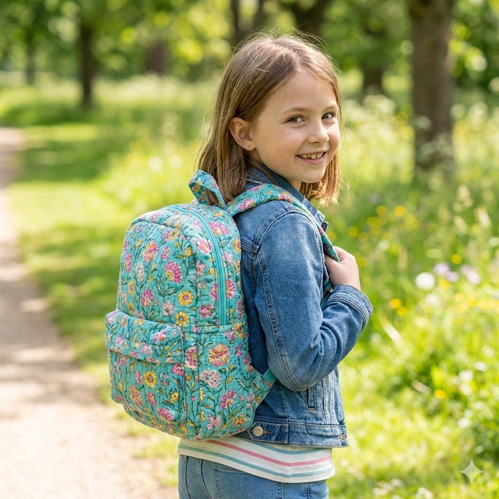 Handcrafted Soft Quilted Cotton Toddler Backpack Floral Print Design