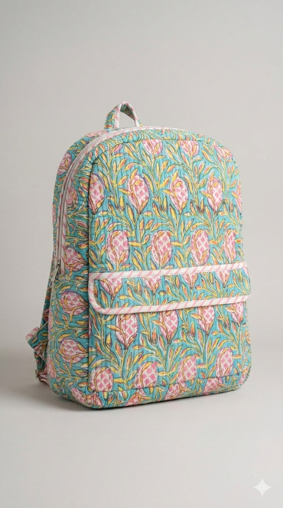 Handcrafted Soft Quilted Cotton Toddler Backpack Floral Print Design