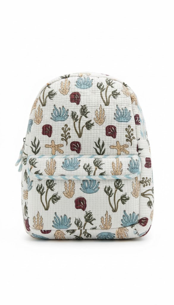 Handcrafted Soft Quilted Cotton Toddler Backpack Underwater Sea, Star and plants Design