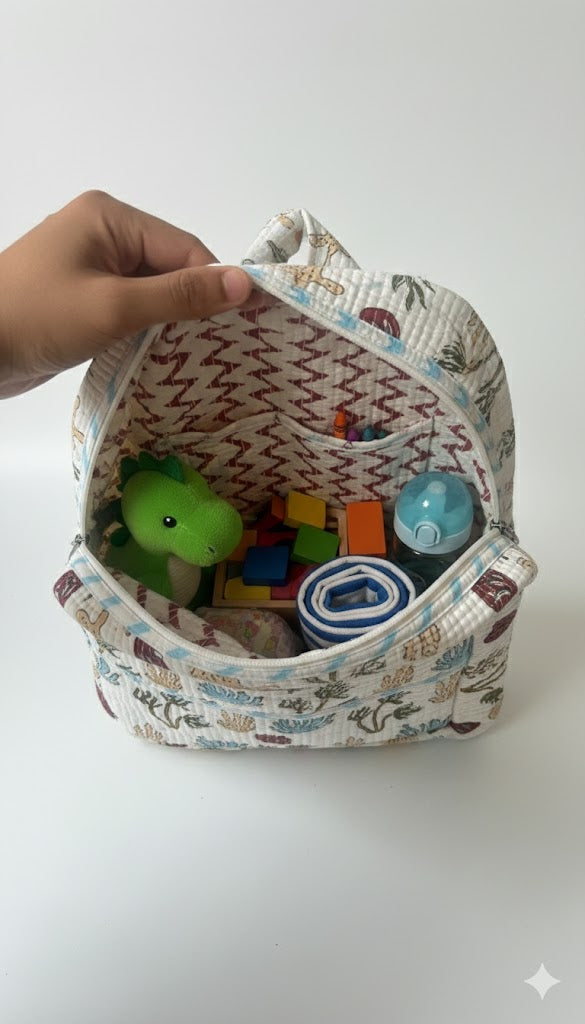 Handcrafted Soft Quilted Cotton Toddler Backpack Underwater Sea, Star and plants Design