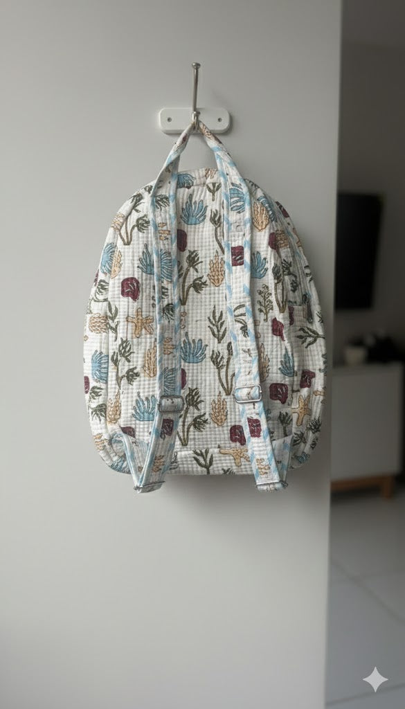 Handcrafted Soft Quilted Cotton Toddler Backpack Underwater Sea, Star and plants Design