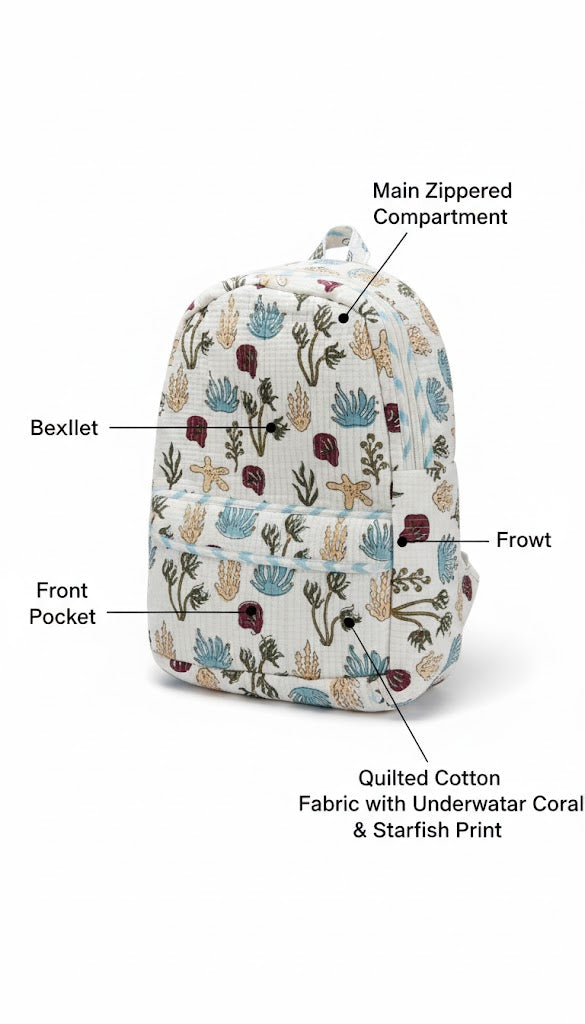 Handcrafted Soft Quilted Cotton Toddler Backpack Underwater Sea, Star and plants Design