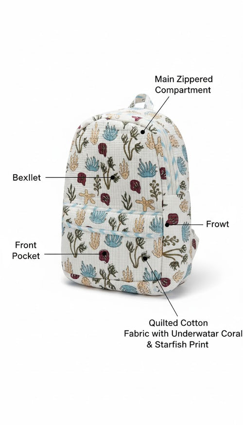 Handcrafted Soft Quilted Cotton Toddler Backpack Underwater Sea, Star and plants Design