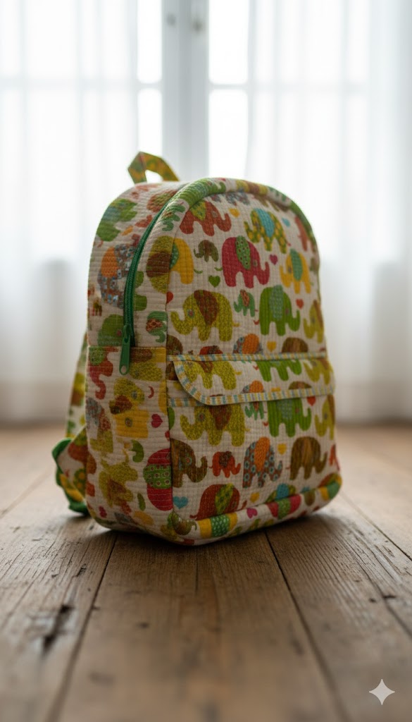 Handcrafted Soft Quilted Cotton Toddler Backpack Elephant Design